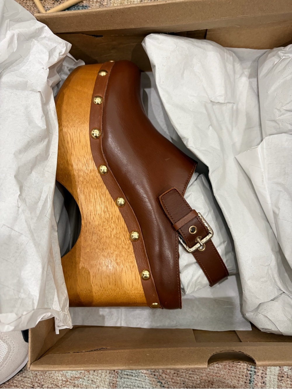 Dolce Vita Adelan Brown Leather Wood Bottom Studded Clog Platform Heels NWB - Picture 5 of 9